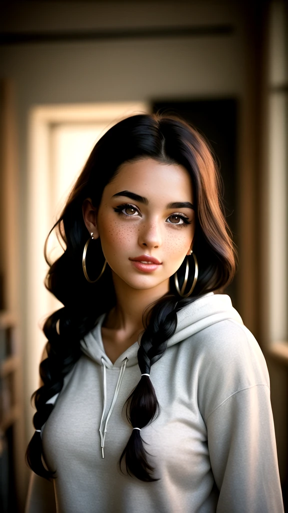 masterpiece,best quality, realistic illustration, style of Philip Lorca diCorcia, girl aged 20yo, 1girl, solo, black long hair, large braid, olive eyes, light freckles, toned body, large breasts, dark skin, wearing a hoodie, hoop earrings, perfect lips, posing for the camera, pretty face, cute face, vignette, realistic facial features, highly detailed body, high budget, bokeh, cinemascope, moody, epic, gorgeous, whole body photo, film grain, grainy