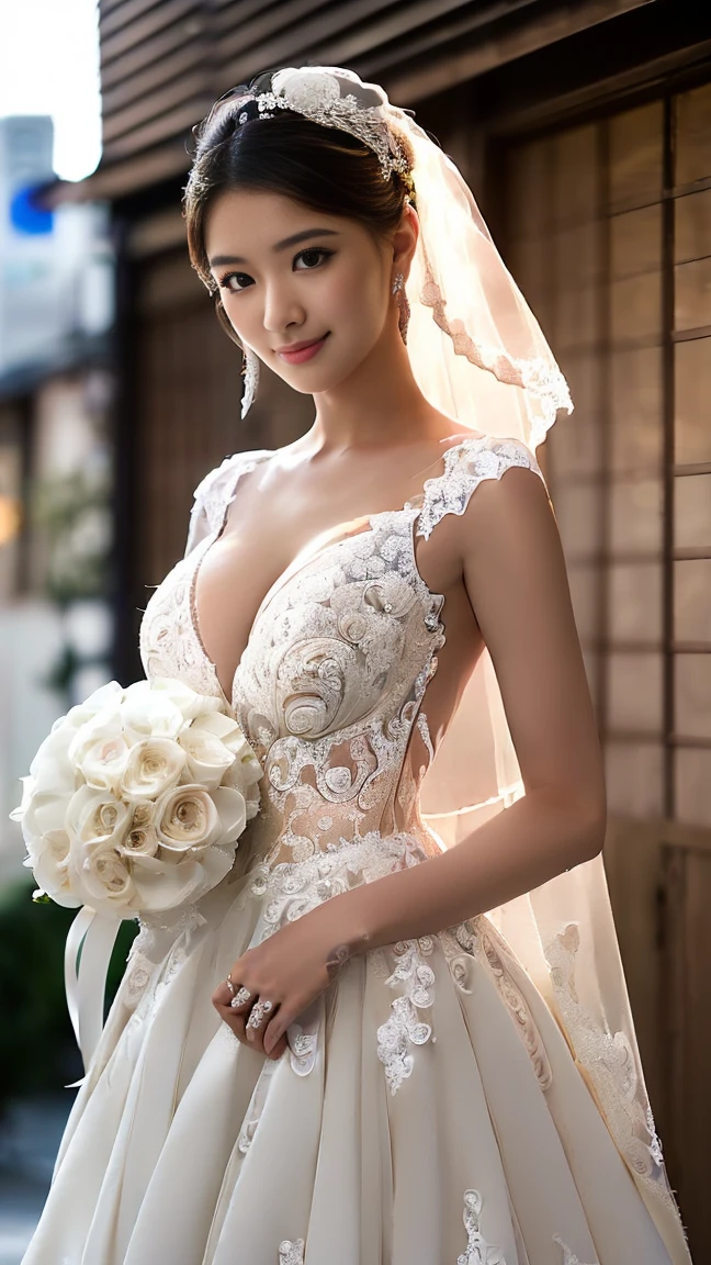 ((((masterpiece、Highest quality、High resolution、Tabletop、wallpaper、Realistic、Bright lighting、Professional Lighting、Face Light、Smooth lighting、Japanese women、Beautiful woman、action、gravure、sexy、so beautiful、Beautiful Skin、Beautiful and exquisite、Detailed face、slim、Looking into the camera、Cleavage))))、((Big Breasts:1.4))、((((japanese,20-years-old,One woman,outdoors,Looking into the camera,wedding dress:1.5)))),smile,close mouth