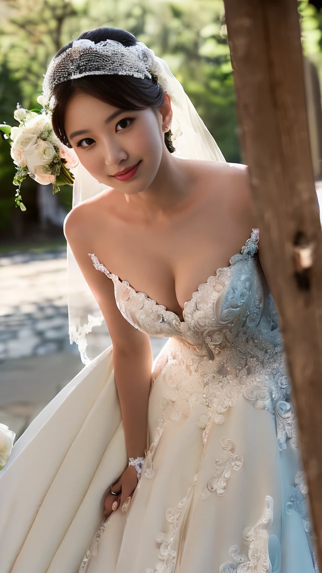 ((((masterpiece、Highest quality、High resolution、Tabletop、wallpaper、Realistic、Bright lighting、Professional Lighting、Face Light、Smooth lighting、Japanese women、Beautiful woman、action、gravure、sexy、so beautiful、Beautiful Skin、Beautiful and exquisite、Detailed face、slim、Looking into the camera、Cleavage))))、((Big Breasts:1.4))、((((japanese,20-years-old,One woman,outdoors,Looking into the camera,wedding dress:1.5)))),smile,close mouth