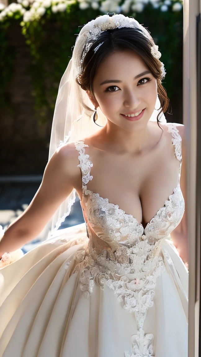 ((((masterpiece、Highest quality、High resolution、Tabletop、wallpaper、Realistic、Bright lighting、Professional Lighting、Face Light、Smooth lighting、Japanese women、Beautiful woman、action、gravure、sexy、so beautiful、Beautiful Skin、Beautiful and exquisite、Detailed face、slim、Looking into the camera、Cleavage))))、((Big Breasts:1.4))、((((japanese,20-years-old,One woman,outdoors,Looking into the camera,wedding dress:1.5)))),smile,close mouth