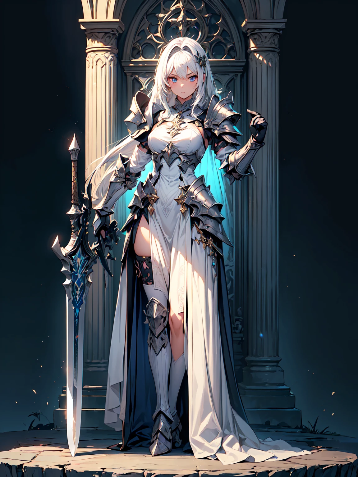 Design a layout showcase Gaming character, (1girl). White+Gold armor, stylish and unique, ((showcase weapon:1.4)), holy hammer, (masterpiece:1.2), (best quality), 4k, ultra-detailed, (Step by step design, layout art:1.5), (luminous lighting, atmospheric lighting), paladin, ((glove full hands)), (((revealing clothes:1.3))), vambraces, heavy armor legwear, (((full_body_shot:1.4))).
