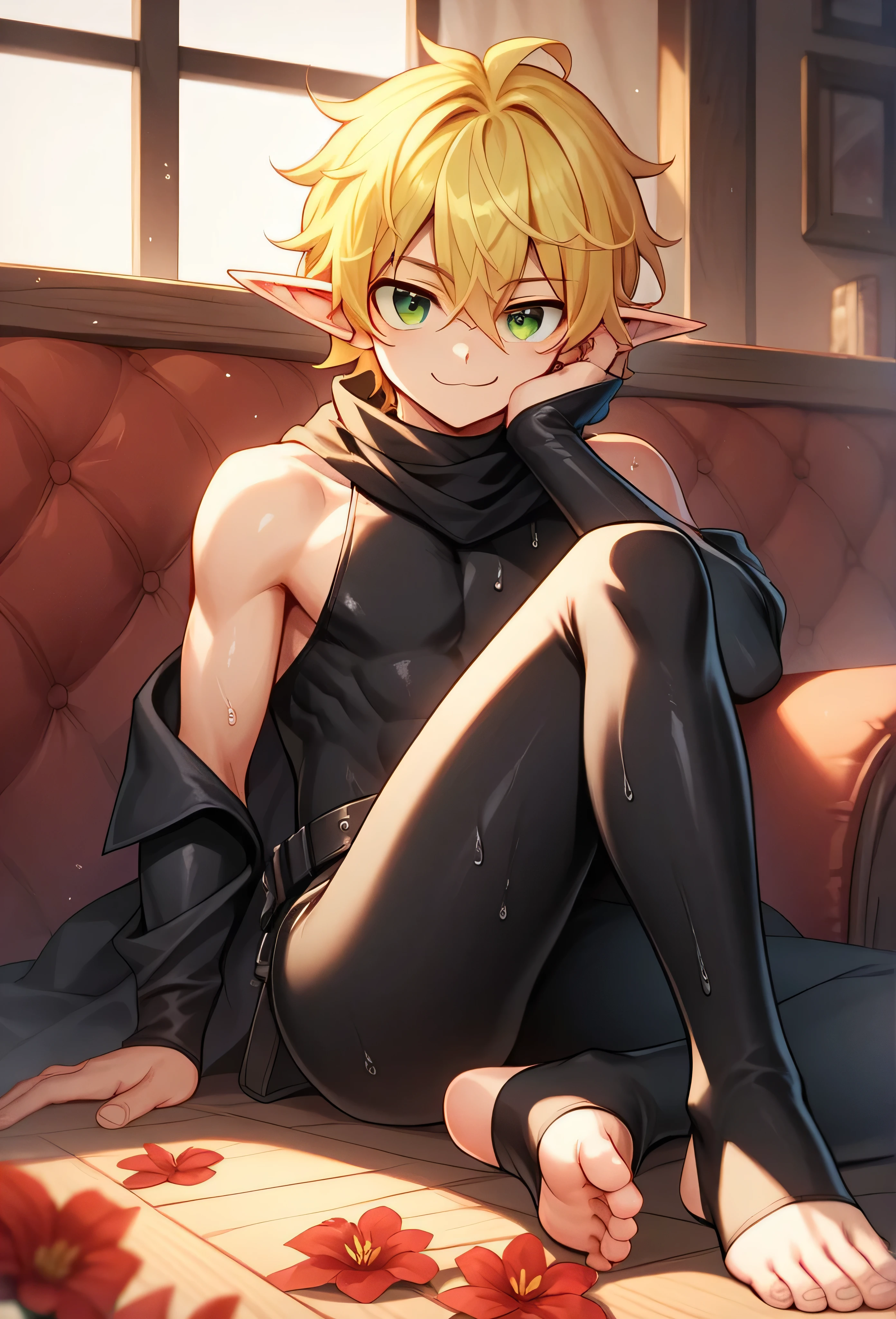 score_9, score_8_up, score_7_up, score_6_up, score_5_up, score_4_up, source_anime, BREAK, 1boy, toeless legwear, solo, sitting, crossed legs, looking at viewer, bare shoulders, indoors, leggings, stirrup legwear, sleeveless, head rest, elf, pointy ears, medium hair, fluffy hair, wavy hair, hair between eyes, big eyes, green eyes, cute face, manly body, cat eyes, collarbone, black scarf, long black scarf, yellow hair, smirk, smug face, shiny feet, shiny skin, shiny hair, sunny, dramatic lighting, official artwork, wet skin, wet hair, sunny day, red flowers on floor, sexy, layered clothes, bare shoulder, long sleeve, belt, black cloak,