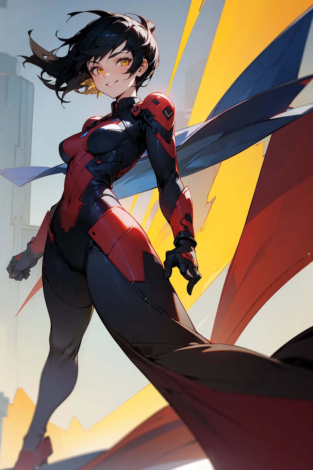 1female, black hair, yellow eyes, smiling expression, short spiked hair, red core, red white and blue super suit, city background, detailed background, detailed face, standing, walking on path, hands to side