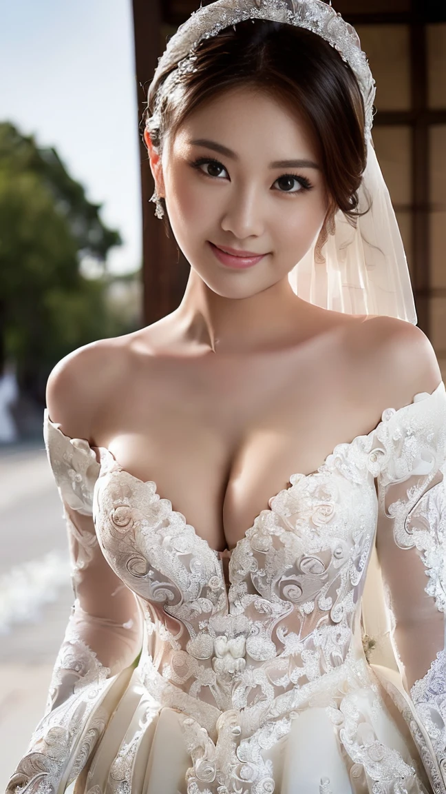 ((((masterpiece、Highest quality、High resolution、Tabletop、wallpaper、Realistic、Bright lighting、Professional Lighting、Face Light、Smooth lighting、Japanese women、Beautiful woman、action、gravure、sexy、so beautiful、Beautiful Skin、Beautiful and exquisite、Detailed face、slim、Looking into the camera、Cleavage))))、((Big Breasts:1.4))、((((japanese,20-years-old,One woman,outdoors,Looking into the camera,wedding dress:1.5)))),smile,close mouth