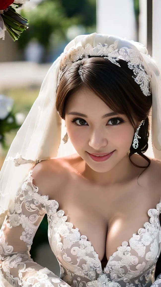 ((((masterpiece、Highest quality、High resolution、Tabletop、wallpaper、Realistic、Bright lighting、Professional Lighting、Face Light、Smooth lighting、Japanese women、Beautiful woman、action、gravure、sexy、so beautiful、Beautiful Skin、Beautiful and exquisite、Detailed face、slim、Looking into the camera、Cleavage))))、((Big Breasts:1.4))、((((japanese,20-years-old,One woman,outdoors,Looking into the camera,wedding dress:1.5)))),smile,close mouth