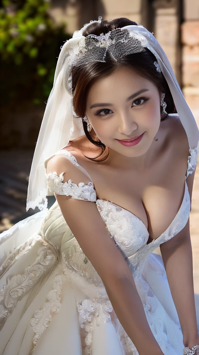 ((((masterpiece、Highest quality、High resolution、Tabletop、wallpaper、Realistic、Bright lighting、Professional Lighting、Face Light、Smooth lighting、Japanese women、Beautiful woman、action、gravure、sexy、so beautiful、Beautiful Skin、Beautiful and exquisite、Detailed face、slim、Looking into the camera、Cleavage))))、((Big Breasts:1.4))、((((japanese,20-years-old,One woman,outdoors,Looking into the camera,wedding dress:1.5)))),smile,close mouth