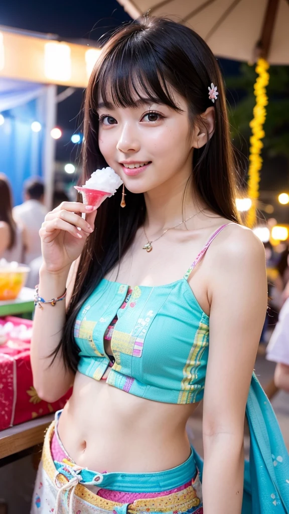 Beauty、Cute person、beautiful、Young face、Detailed face、Summer festival、Festivals、night、stall、Eating shaved ice、Has bangs、Summer clothes、Cute clothes、whole body