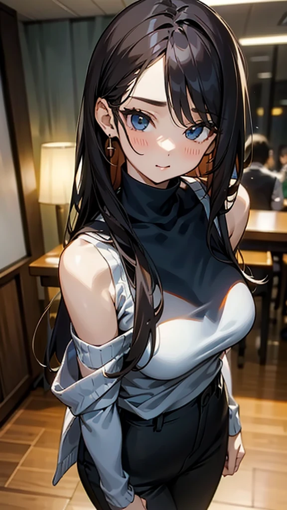 beautiful girl、portrait、Black straight long hair、Office Casual Fashion、black Sleeveless high neck knit、Tight pants style、slender、Model Body Type、Ideal Style、 women、Slim and cute、off shoulder foodie、casual、