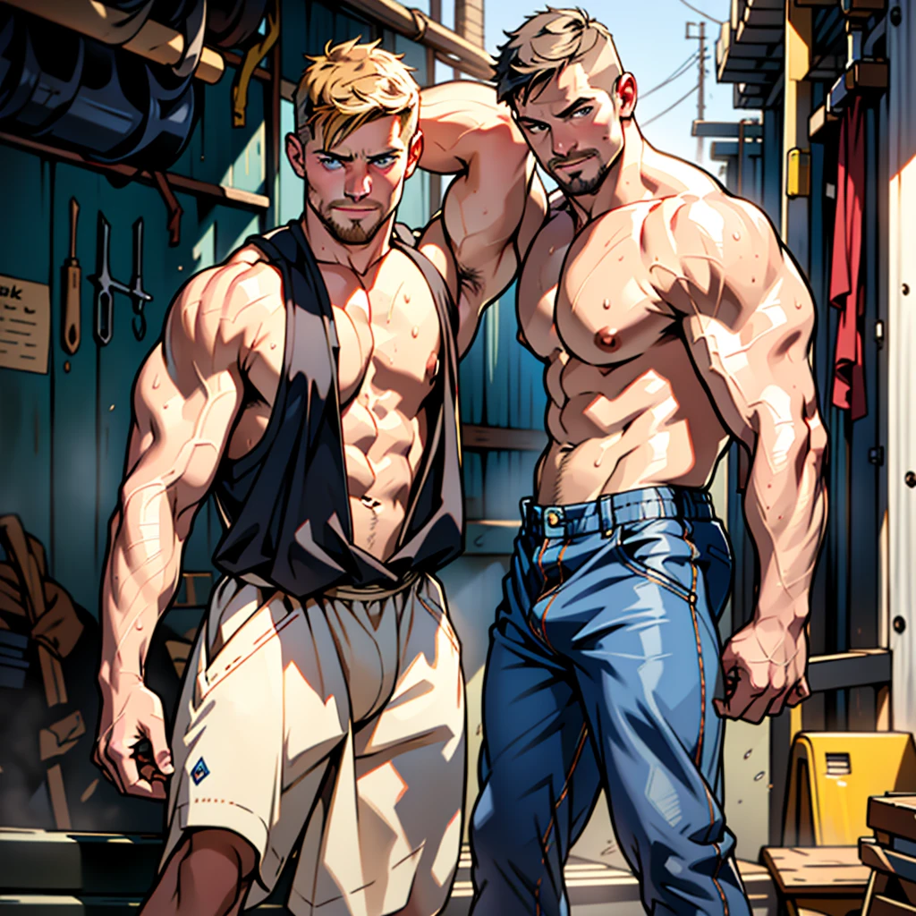 NSFW ,masterpiece , 8k , best quality ,very very detailed face , natural eyes, 1man, young man, muscled and mature, stephen amell as a mechanic wearing totally unbuttoned overall, showing COCK dripping cum , his nipples and muscles , mechanic tools , sweating, tight cloth, , full body view , working on a car