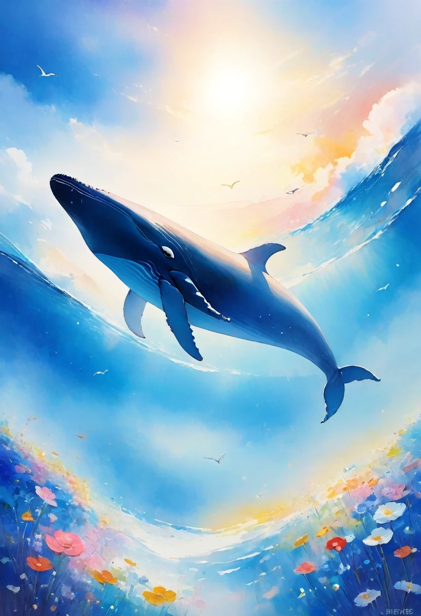 Highest quality:1.2、masterpiece:1.2、blue whale、solo、空を飛ぶblue whale、Cloud Waves、Blue sky、White sun、ゆっくりと泳ぐblue whale、Whales swimming above the clouds、no gravityのクジラ、no gravity、
