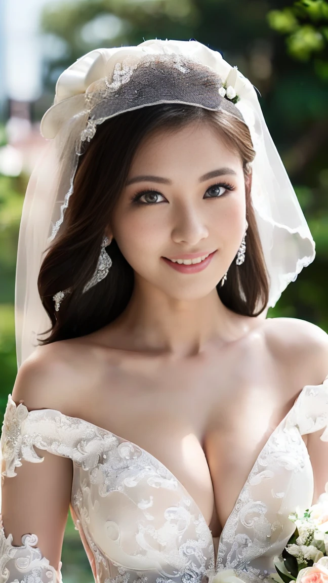 ((((masterpiece、Highest quality、High resolution、Tabletop、wallpaper、Realistic、Bright lighting、Professional Lighting、Face Light、Smooth lighting、Japanese women、Beautiful woman、action、gravure、sexy、so beautiful、Beautiful Skin、Beautiful and exquisite、Detailed face、slim、Looking into the camera、Cleavage))))、((Big Breasts:1.4))、((((japanese,20-years-old,One woman,outdoors,Looking into the camera,wedding dress:1.5)))),smile,close mouth