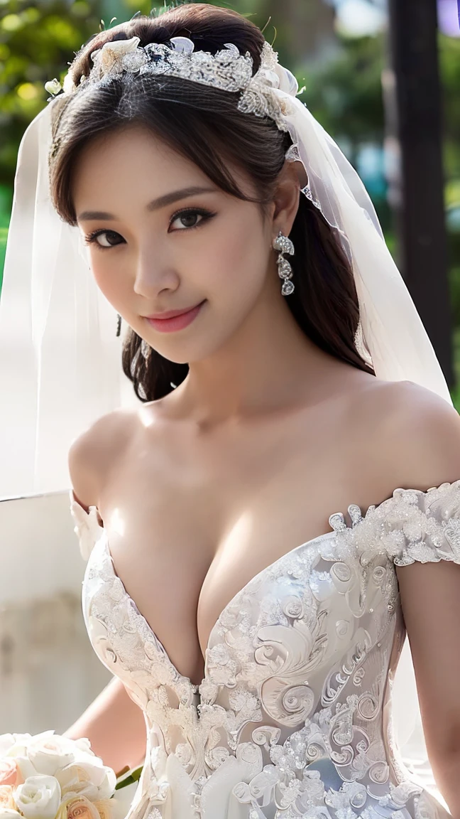 ((((masterpiece、Highest quality、High resolution、Tabletop、wallpaper、Realistic、Bright lighting、Professional Lighting、Face Light、Smooth lighting、Japanese women、Beautiful woman、action、gravure、sexy、so beautiful、Beautiful Skin、Beautiful and exquisite、Detailed face、slim、Looking into the camera、Cleavage))))、((Big Breasts:1.4))、((((japanese,20-years-old,One woman,outdoors,Looking into the camera,wedding dress:1.5)))),smile,close mouth