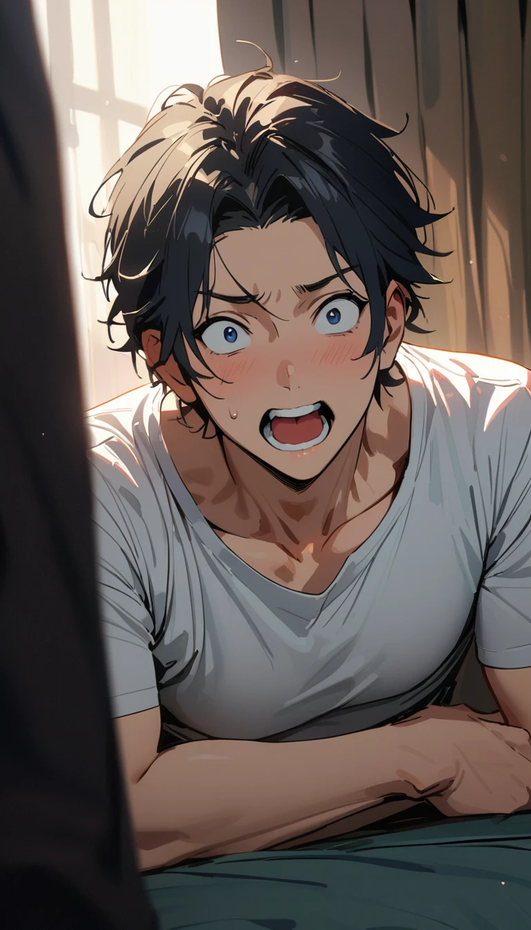 ((35 years old)) ,masterpiece , modern, Verism, masterpiece, super detail, best quality, 4K , A handsome man, black hair, short hair, He has his mouth wide open, showing a very surprised expression.