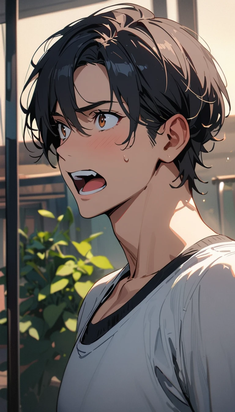 ((35 years old)) ,masterpiece , modern, Verism, masterpiece, super detail, best quality, 4K , A handsome man, black hair, short hair, He has his mouth wide open, showing a very surprised expression.