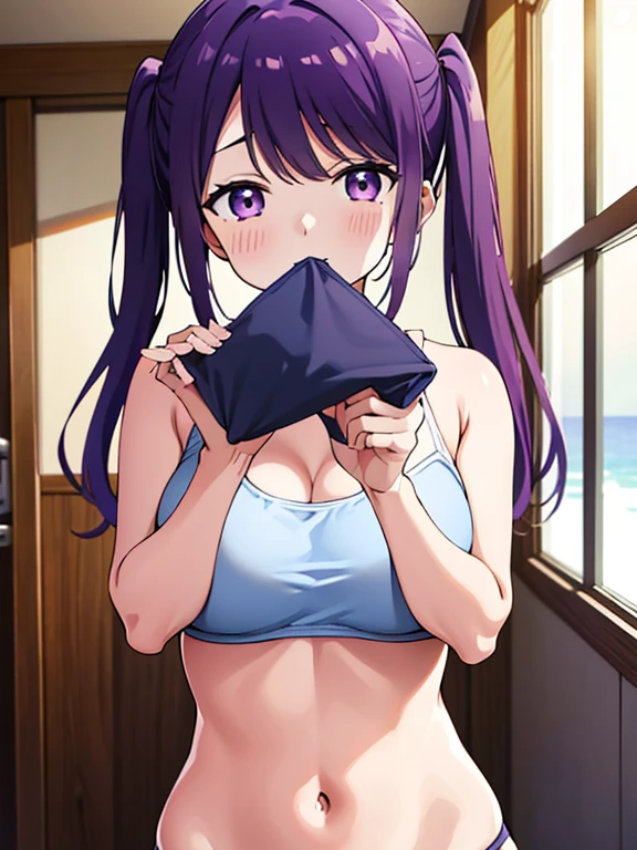 Shooting at sea,Photograph the whole body,Nagisa Kubo, One girl,Purple Hair,Purple eyes,Medium Hair,Twin tails,Big Breasts,Cleavage,Show your vagina,Navy blue school swimsuit