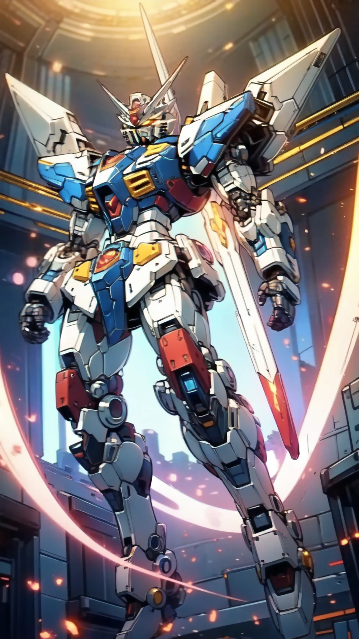 (masterpiece:1.5, best quality:1.5, extremely delicate:1.5), humanoid Mecha, fully enclosed shoulder guards, matching arm and leg guards, full body, full armor, the design balances heavy with agility, (the color scheme is primarily white with red and blue accents, the concept Inspired by Super robot, organic biotech armor, standing, floating high above the futuristic sci-fi city), exquisite and art style, (aura effect, energy, glowing eyes, the armor glows), metallic, dramatic, high definition, highres, ultra-detailed, ultra-fine painting, professional, perfect body proportions, anatomically correct, symmetrical face, extremely detailed eyes and face, high quality eyes, creativity, RAW photo, UHD, 32k, Natural light, cinematic lighting, masterpiece-anatomy-perfect