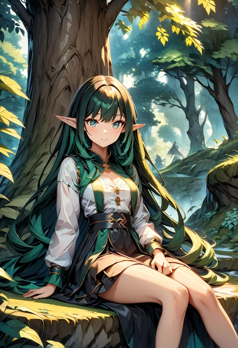 high quality, 4k, 8k, highres, HDR, UHD, masterpiece, ultra-detailed, a beautiful elf girl in a deep forest, extremely detailed face, long flowing hair, curious expression, sitting under a large tree, anime style, highly detailed, 8k, fantasy art, magical atmosphere, lush foliage, mossy ground, dark setting, demonic forest, glowing eyes, pointed ears, detailed dress, intricate details, fantasy landscape