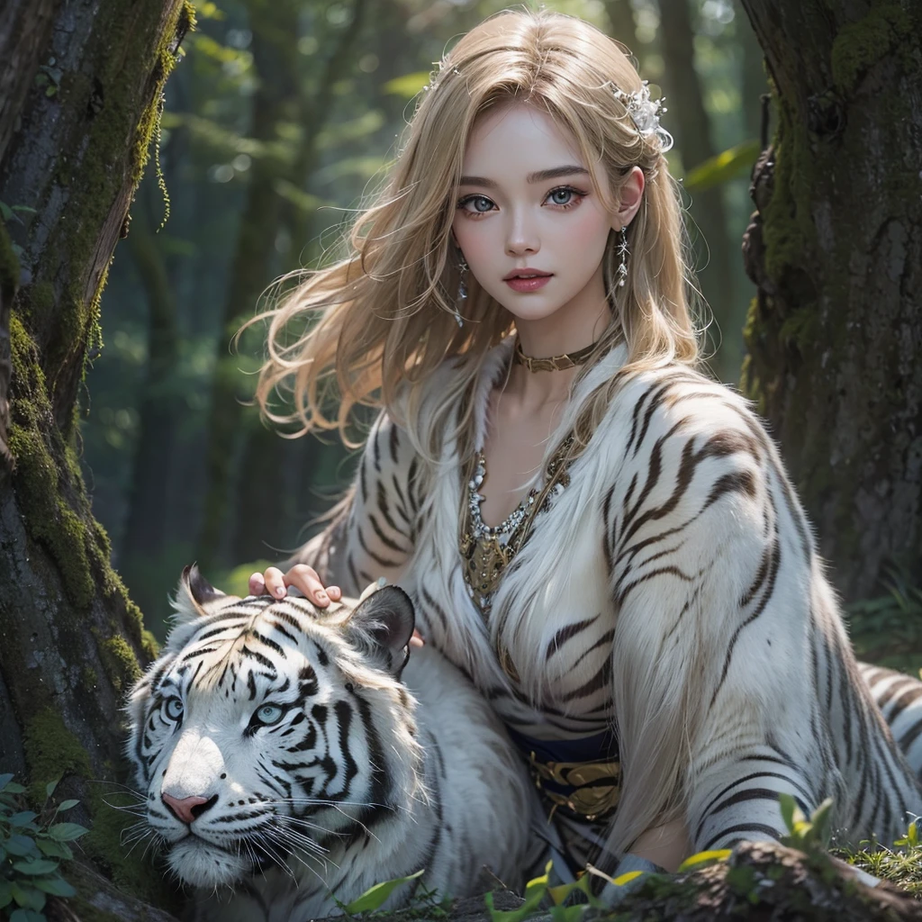 Standing in the forest、Hair Flow、 ((Highest quality、masterpiece、8k、Best image quality、Ultra-high resolution、Award-winning works)、(Accurate anatomy:1.1)、(Look at me and smile:1.1)、Shining fair skin with Ultra-high resolution、The most detailed face、Ultra-high resolution detailed face、Ultra-high resolutionのblond hair、(Ultra-high resolution eye:1.1)、Beautiful face drawn in every detail、Traditional Russian costume , Chest to chest, Strange atmosphere, Next to him stands a real white tiger, Dark Light, in the forest , Heavy makeup