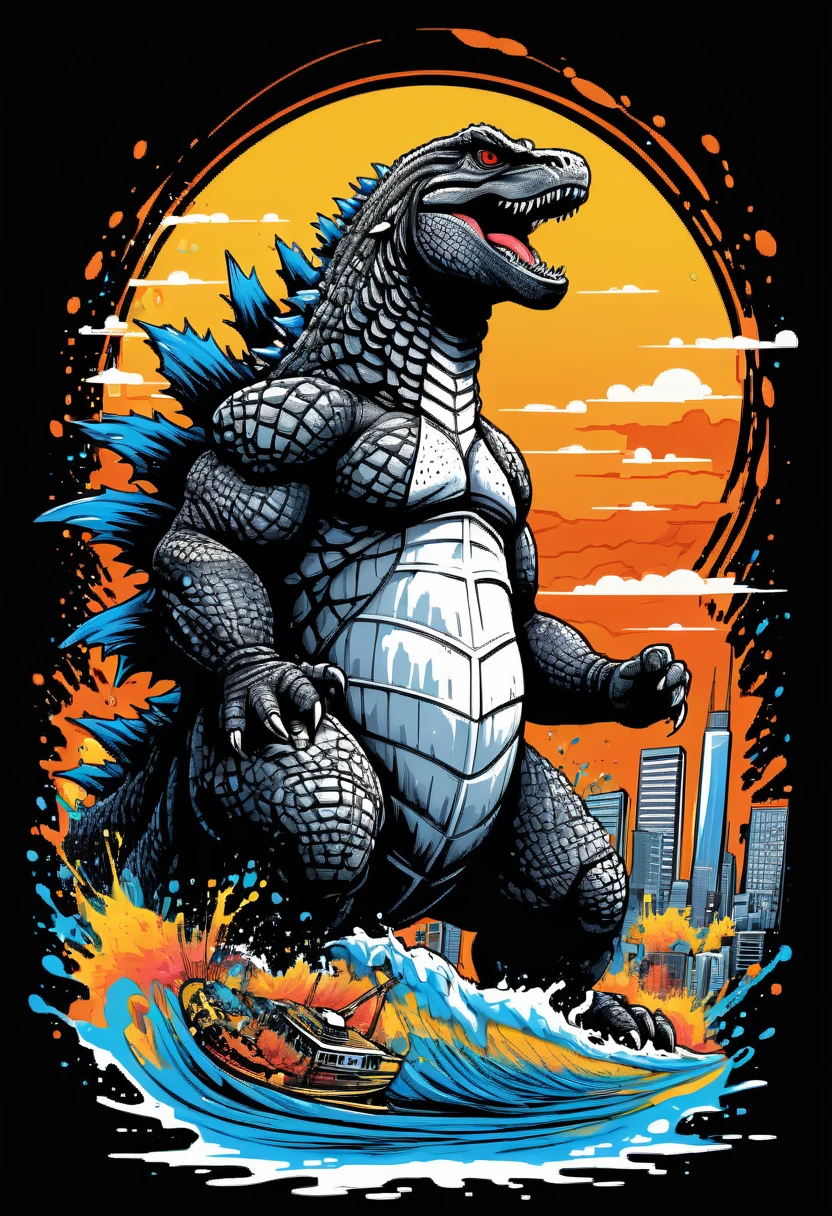 (((white background))), (((SPLASH ART))) intricately detailed t-shirt design ready for print , 2d, ONE HUGE black angry full body Godzilla in foreground City sunset at the background, vibe detailed design for streetwear and urban style t-shirts design, pro vector, (cel-shading style:1.3), inkpunk, (ink lines:1.1), strong outlines, bold traces, high contrast, (cel-shaded:1.1), vector, 32k resolution, best quality,, flat lights,vector t-shirt art ready for print, intricate rich extremely complex ornaments illustration, extremely detailed and complex illustration, high detail, clean lines style, intricate high details, (((white plain background)))