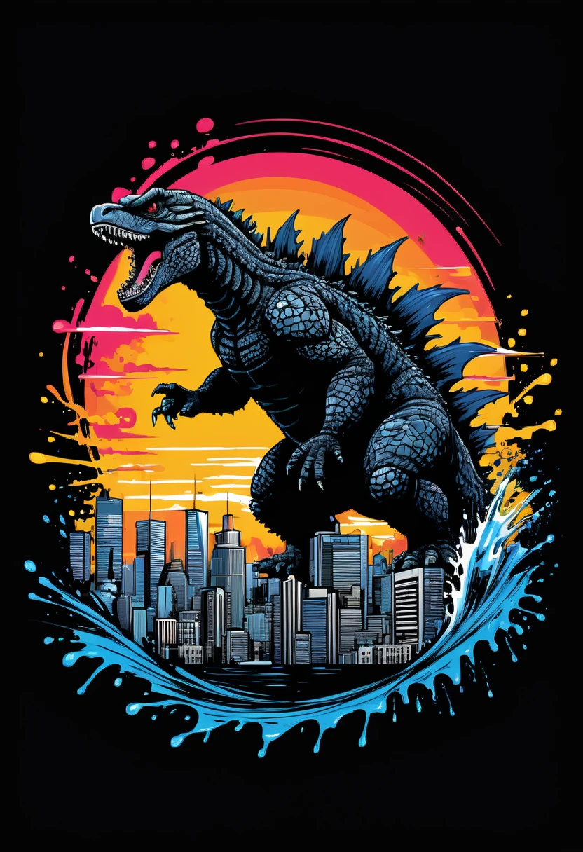 (((white background))), (((SPLASH ART))) intricately detailed t-shirt design ready for print , 2d, ONE HUGE black angry full body Godzilla in foreground City sunset at the background, vibe detailed design for streetwear and urban style t-shirts design, pro vector, (cel-shading style:1.3), inkpunk, (ink lines:1.1), strong outlines, bold traces, high contrast, (cel-shaded:1.1), vector, 32k resolution, best quality,, flat lights,vector t-shirt art ready for print, intricate rich extremely complex ornaments illustration, extremely detailed and complex illustration, high detail, clean lines style, intricate high details, (((white plain background)))