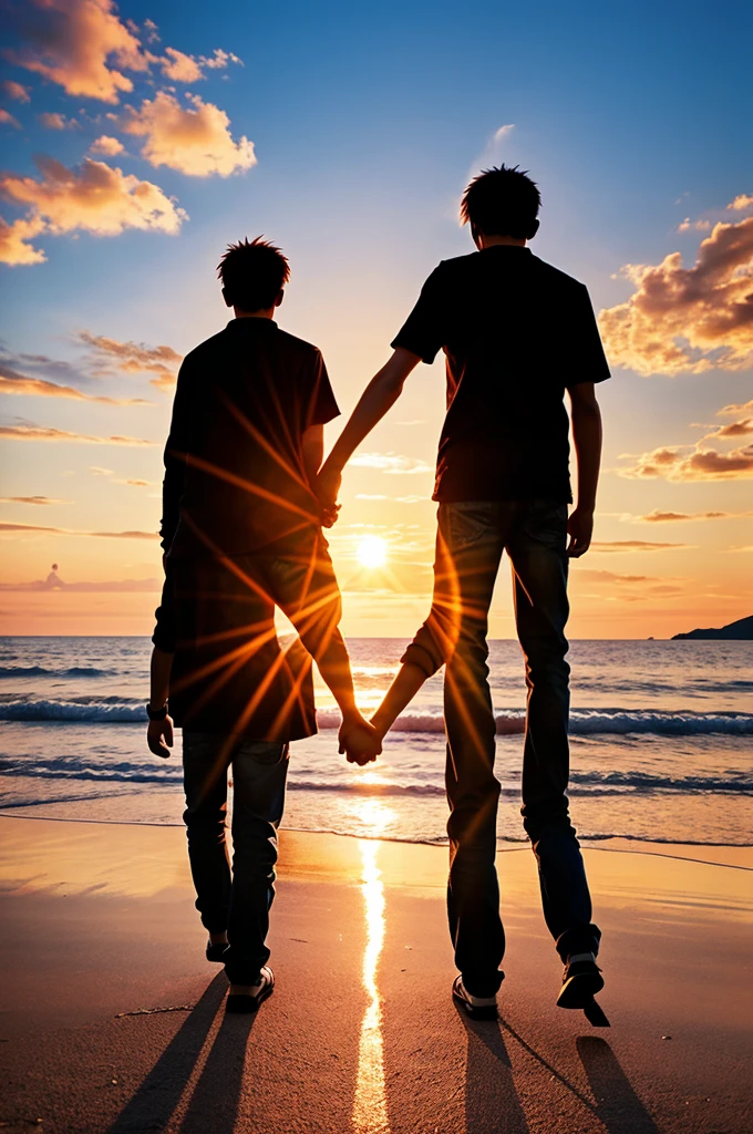 Create an image that illustrate a sunset with 2 men holding their hands make it younger version make it anime version