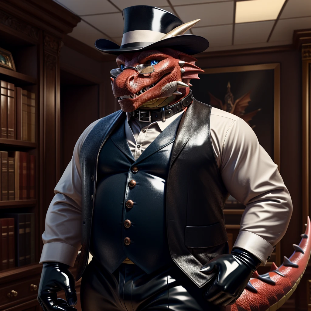 Solo, Male, fat, extremely obese, gentleman, dapper Professor Dragon, mob boss, blue eyes, (posing:1.3), (soft shading), 4k, hi res, ((detailed face, detailed)), looking at viewer, mouth wide open, dapper clothing, collared shirt with buttons, bowler hat, male focus, Explorer Outfit, glasses, monocle, vest with buttons, sleeves rolled up, round eyewear, brown headwear, brown vest, office, Dragon is wearing a glossy leather dog collar around the neck, Dragon is wearing the leather collar and shirt and vest at the same time, Dragon is wearing glossy white rubber gloves on the hands, wearing white rubber gloves on the feet, gloves are rubber in texture, clenching teeth, clenching fists, leather collar is glossy and shiny with a lot of detail, Dragon is wearing gloves and leather collar at the same time, leather collar has a round dog-tag, leather collar is thick and detailed, leather collar is glossy and shiny, fancy clothing, dapper vest, dapper shirt, leather collar is thick, glossy leather collar.