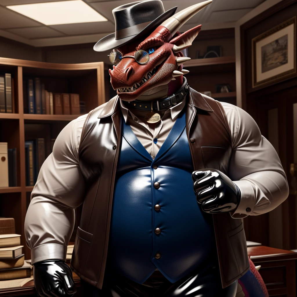 Solo, Male, fat, extremely obese, gentleman, dapper Professor Dragon, mob boss, blue eyes, (posing:1.3), (soft shading), 4k, hi res, ((detailed face, detailed)), looking at viewer, mouth wide open, dapper clothing, collared shirt with buttons, bowler hat, male focus, Explorer Outfit, glasses, monocle, vest with buttons, sleeves rolled up, round eyewear, brown headwear, brown vest, office, Dragon is wearing a glossy leather dog collar around the neck, Dragon is wearing the leather collar and shirt and vest at the same time, Dragon is wearing glossy white rubber gloves on the hands, wearing white rubber gloves on the feet, gloves are rubber in texture, clenching teeth, clenching fists, leather collar is glossy and shiny with a lot of detail, Dragon is wearing gloves and leather collar at the same time, leather collar has a round dog-tag, leather collar is thick and detailed, leather collar is glossy and shiny, fancy clothing, dapper vest, dapper shirt, leather collar is thick, glossy leather collar.