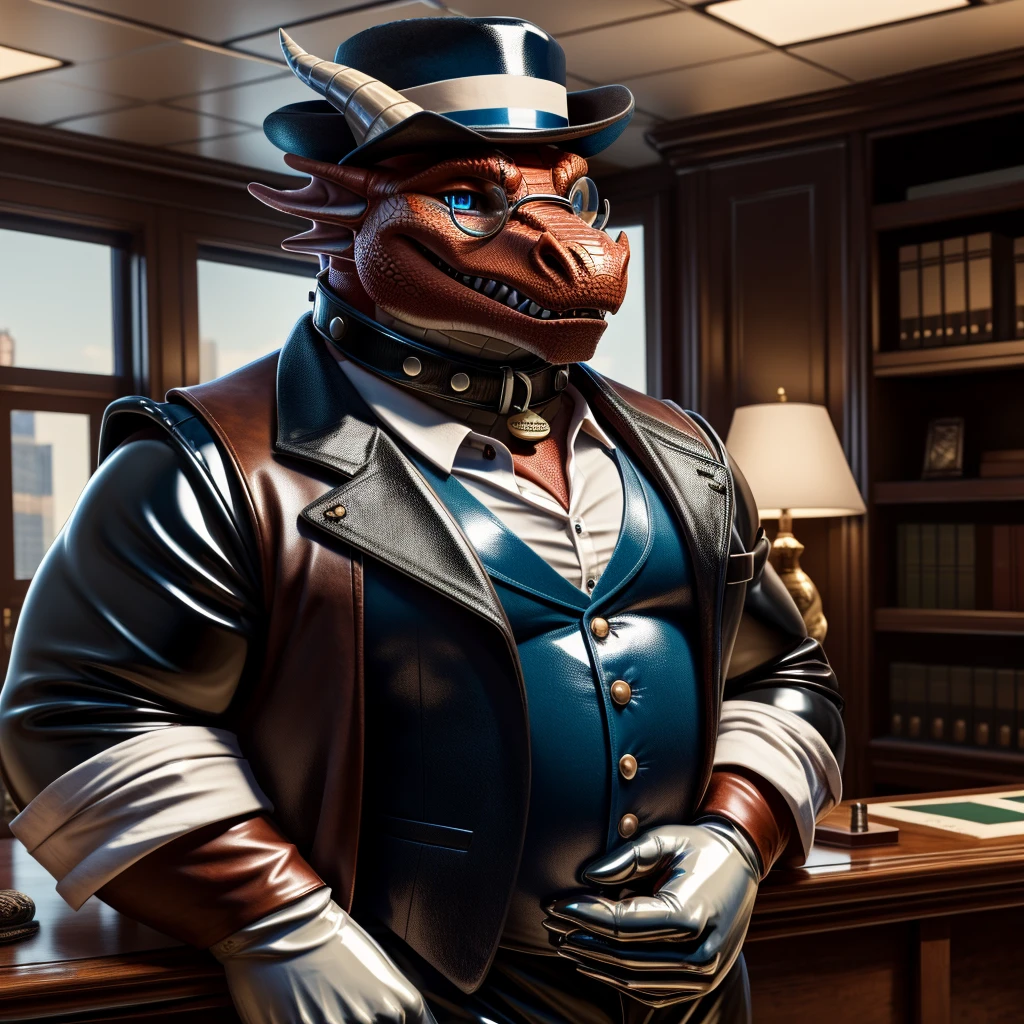 Solo, Male, fat, extremely obese, gentleman, dapper Professor Dragon, mob boss, blue eyes, (posing:1.3), (soft shading), 4k, hi res, ((detailed face, detailed)), looking at viewer, mouth wide open, dapper clothing, collared shirt with buttons, bowler hat, male focus, Explorer Outfit, glasses, monocle, vest with buttons, sleeves rolled up, round eyewear, brown headwear, brown vest, office, Dragon is wearing a glossy leather dog collar around the neck, Dragon is wearing the leather collar and shirt and vest at the same time, Dragon is wearing glossy white rubber gloves on the hands, wearing white rubber gloves on the feet, gloves are rubber in texture, clenching teeth, clenching fists, leather collar is glossy and shiny with a lot of detail, Dragon is wearing gloves and leather collar at the same time, leather collar has a round dog-tag, leather collar is thick and detailed, leather collar is glossy and shiny, fancy clothing, dapper vest, dapper shirt, leather collar is thick, glossy leather collar.