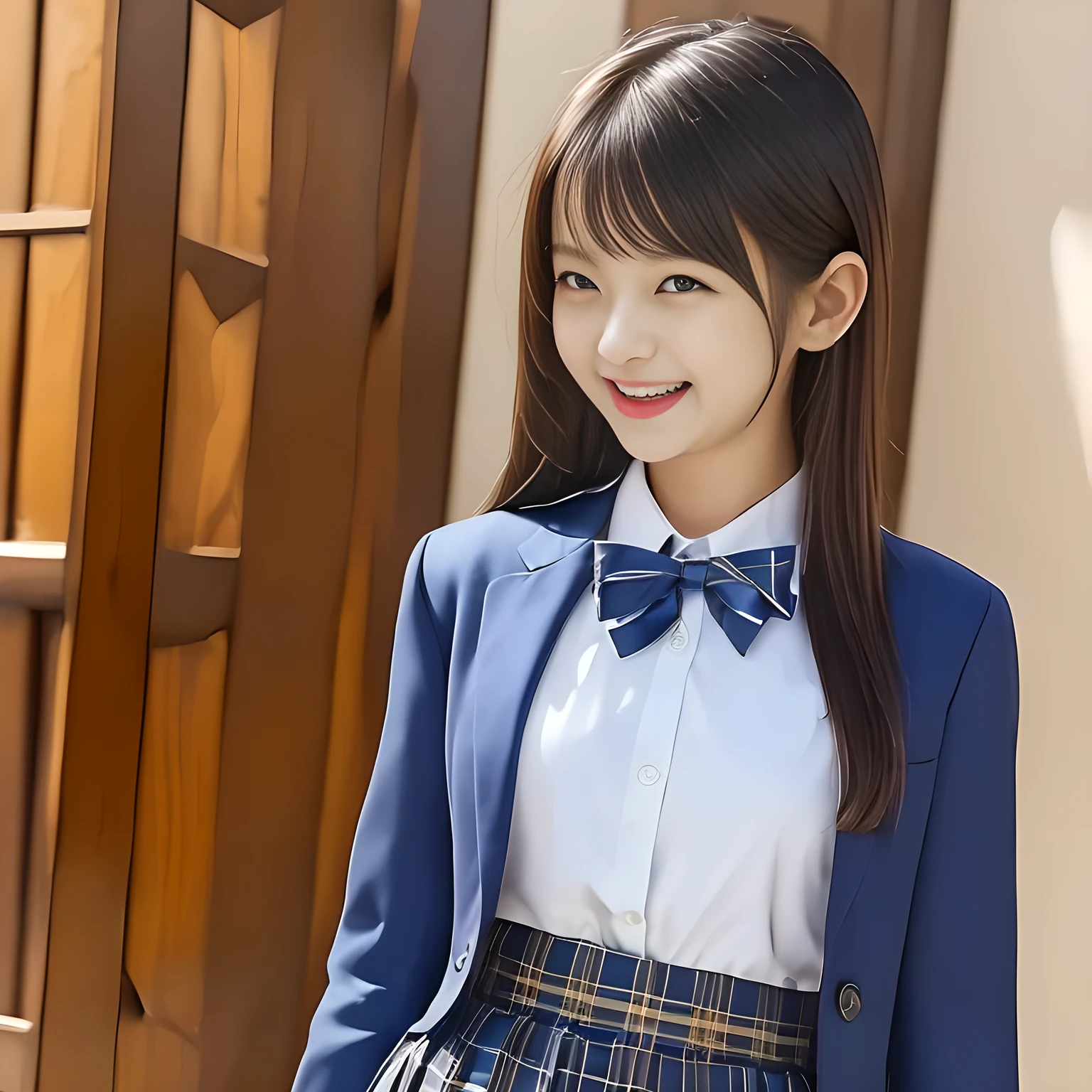 (Highest quality, masterpiece:1.2), Highest quality, High resolution, 1080P, 8k, height: 158cm, ((A noble, graceful and intelligent girl who looks like a best proportion Japanese young lady is turning around and giggling in a strong wind)), ((So sweet, very noble, neat, and pretty Japanese beautiful cute girl)), ((A real, very girly, sweet, cute and noble girl)), ((((A beautiful Japanese cute fashion model)))), ((((Very pure white face and limbs)))), Glossy Lips, (Evenly cut bangs), ((Very beautiful, droopy, cute, pure, noble brown eyes)), ((Super long, black straight hair that reaches the floor)), (Very shiny, glossy Lips), ((Beautiful straight hair like a school promotion model)), Watch at you, ((Incredibly well organized, Rich facial expressions)), ((Plump and beautiful white skin and face)), ((Pure, clear, gentle brown eyes)), ((staring at me)), Glossy Lips, ((noble and elegant)), Very beautiful blue skirt, ((Large upward-curving lips)), White Hand, ((((Navy Japanese school blazer with noble golden emblem)))), ((Navy and sapphire blue Japanese school uniform)), ((Tartan check pattern pleated long skirt)), ((Cobalt blue string chest ribbon)), ((((An ecstatic expression of boundless joy)))), ((plain white background)), ((perfect body)), (((hair beauty magazine for young girls)))