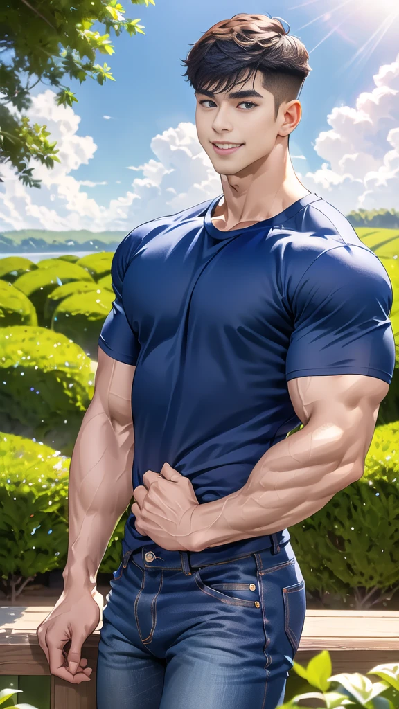 Roronoa Zoro semi naked in boxers blushing, Sitting in a park. detailed muscles, veiny arms, muscle legs.