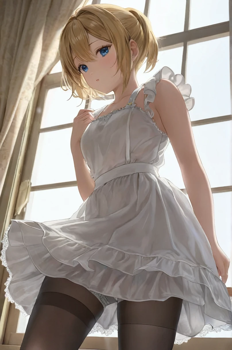 10 year old girl underwear, Hayasaka Ai、Realistic bloomers made from patterned cotton fabric, Maid outfit with panniers, Fabric Realism, Low - Angle, I see bloomers, Pull up the dress by hand, Strong winds, Translucent slip, Translucent slip, tights, Highest quality,  whole body、