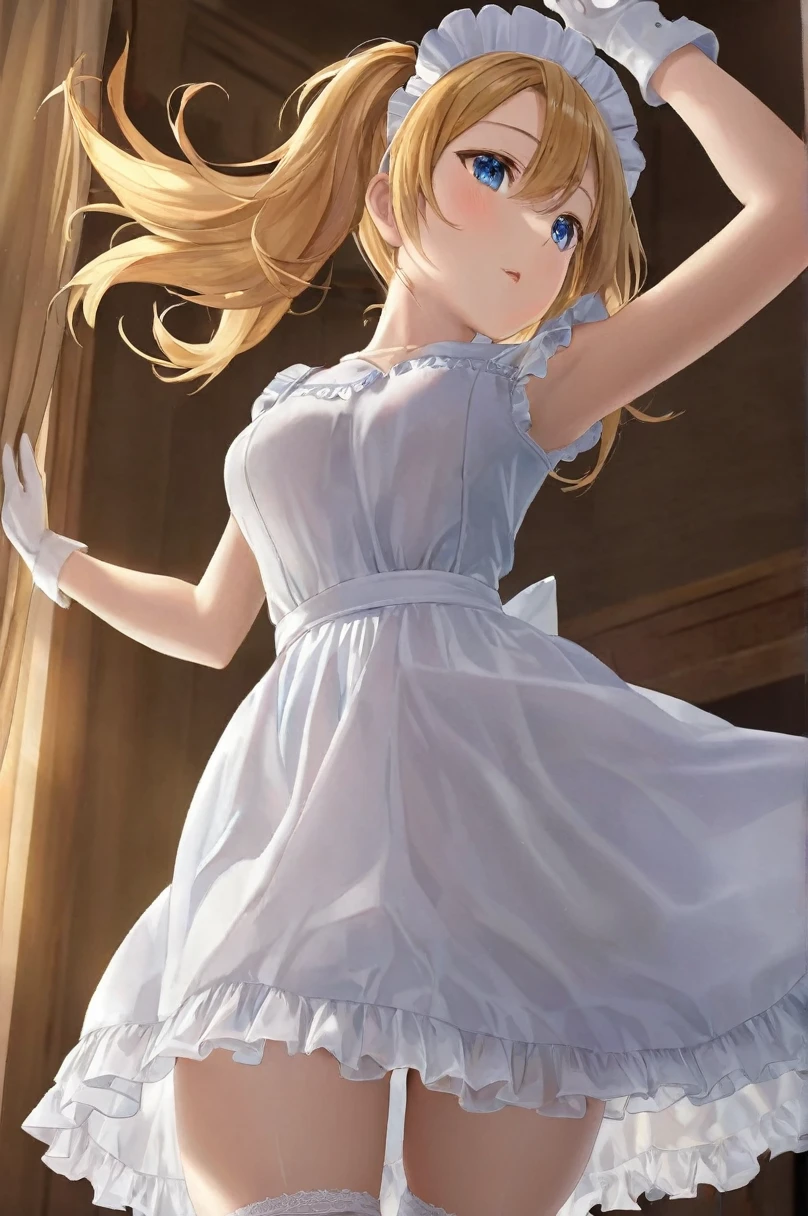  girl underwear, Hayasaka Ai、Realistic bloomers made from patterned cotton fabric, Maid outfit with panniers, Fabric Realism, Low - Angle, I see bloomers, Pull up the dress by hand, Strong winds, Translucent slip, Translucent slip, tights, Highest quality,  whole body、