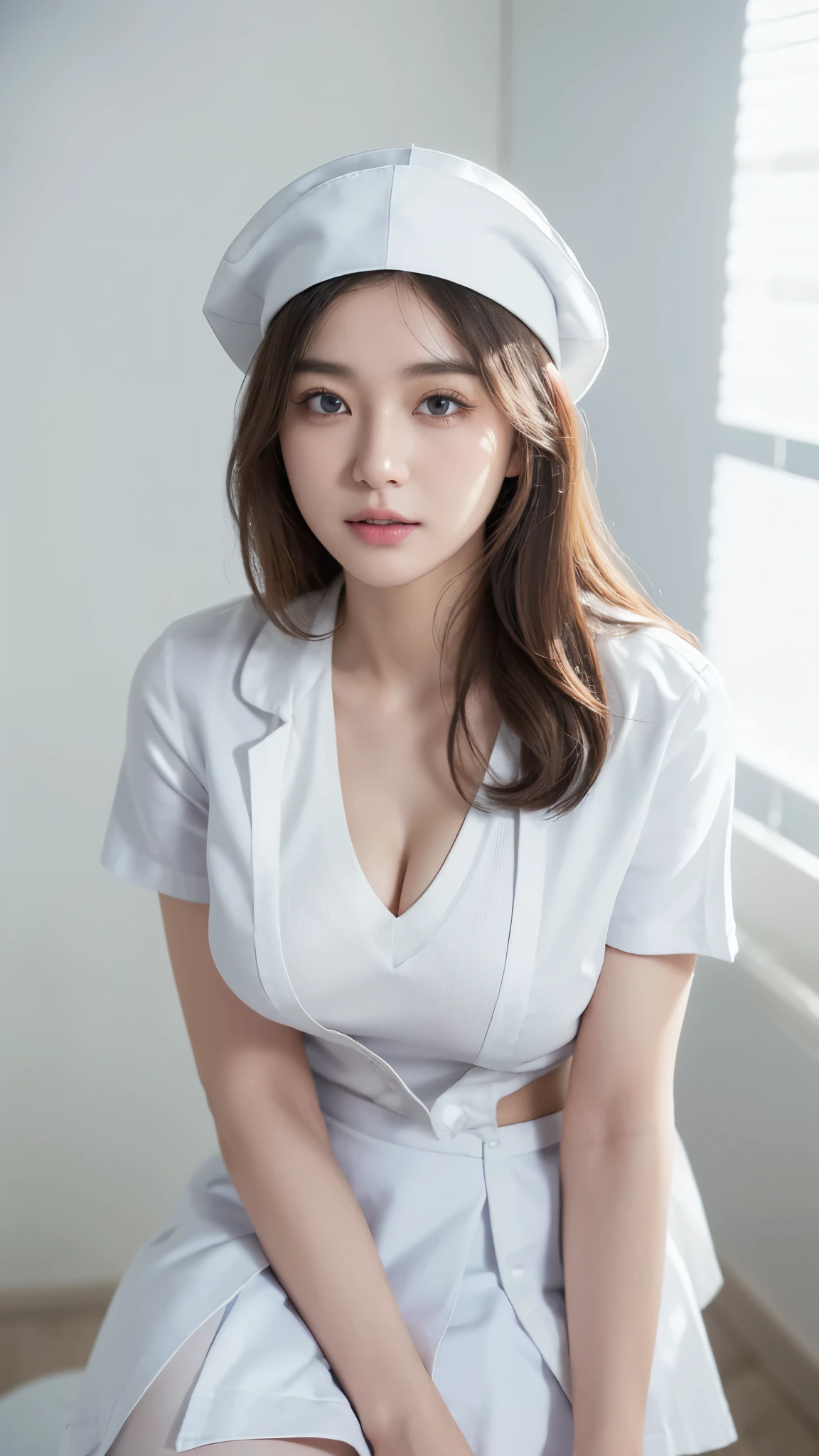 innocent 25 year old girl,giant :1.2,cleavage of breasts:1.2、(panty shot:1.3) (white nurse uniform:1.5),( White short skirt:1.5),(White nurse hat:1.5),(white nurse pumps:1.5), Angle:1.2、The background is a hospital room.、laugh,shortcut、RAW photos, (8k、top quality、masterpiece:1.2)、(intricate details:1.4)、(realistic:1.4)、octane rendering、Complex 3D Rendering Ultra Detailed, studio soft light, rim lights, vivid details, super detailing, realistic skin texture, detail face, Beautiful eye for detail, Highly detailed CG Unity 16k wallpaper, assembly, (detailed background:1.2), glowing skin, whole body