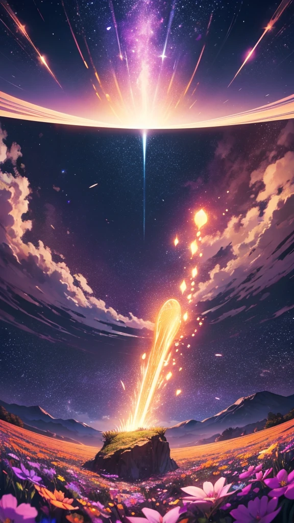 Expansive landscape photograph，（look from down，Above is the sky，Below are open fields），A  stood on a flower field and looked up，（moon full：1.2），（meteors：0.9），（Starcloud：1.3），Far Mountain, Tree BREAK making art，（Warm light source：1.2），（glowworm：1.2），lamp lights，Lots of purple and orange，Complicated details，（best qualtiy），4K，ultra - detailed，（dynamic compositions：1.4），detail-rich，plethora of colors，（Irridescent color：1.2），（with light glowing，Atmospheric lighting），dream magical，magical，（solo：1.