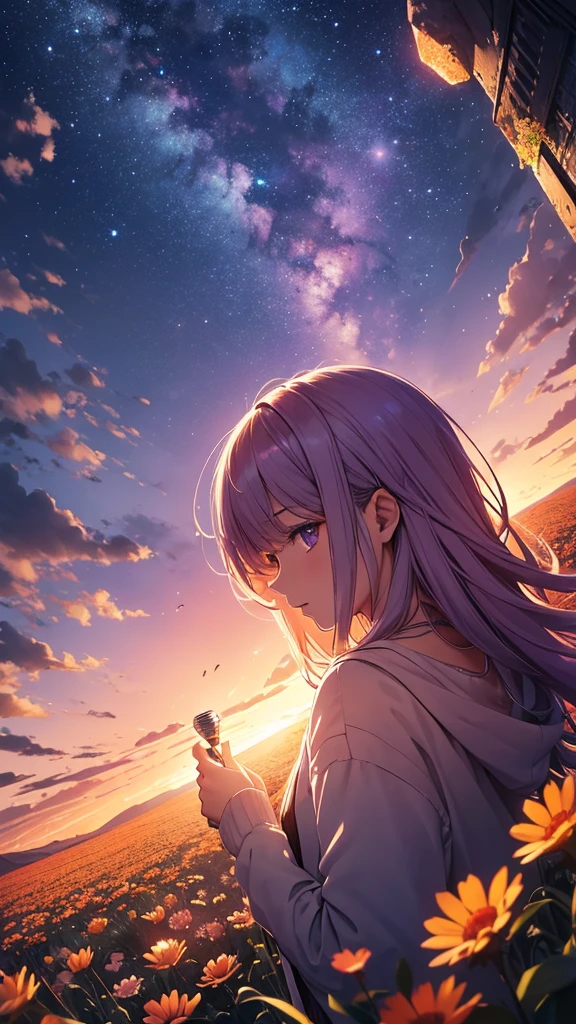 Expansive landscape photograph，（look from down，Above is the sky，Below are open fields），A  stood on a flower field and looked up，（moon full：1.2），（meteors：0.9），（Starcloud：1.3），Far Mountain, Tree BREAK making art，（Warm light source：1.2），（glowworm：1.2），lamp lights，Lots of purple and orange，Complicated details，（best qualtiy），4K，ultra - detailed，（dynamic compositions：1.4），detail-rich，plethora of colors，（Irridescent color：1.2），（with light glowing，Atmospheric lighting），dream magical，magical，（solo：1.