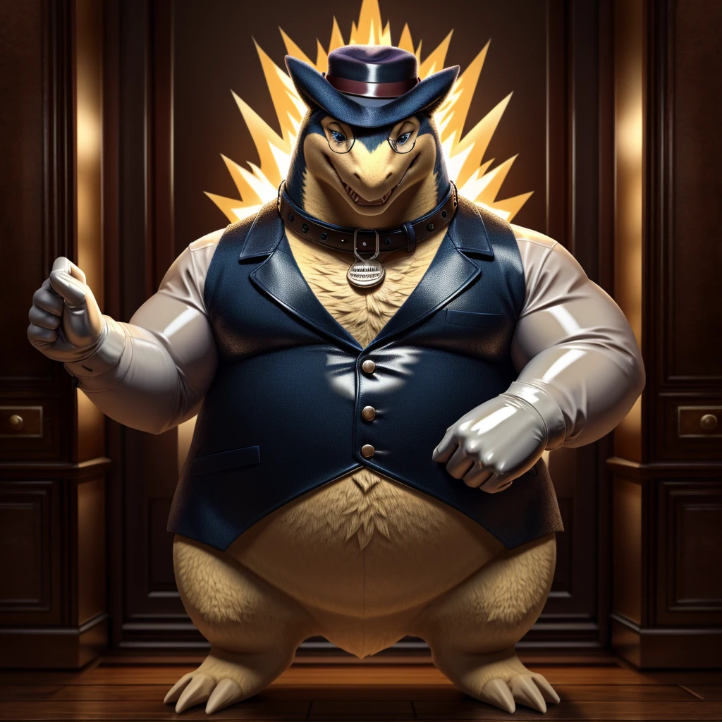 Solo, Male, fat, extremely obese, gentleman, dapper Professor Typhlosion, steampunk, blue eyes, (posing:1.3), (soft shading), 4k, hi res, ((detailed face, detailed)), looking at viewer, mouth wide open, evil laugh, dapper clothing, collared shirt with buttons, top hat, male focus, Explorer Outfit, glasses, monocle, vest with buttons, sleeves rolled up, round eyewear, brown headwear, brown vest, office, Typhlosion is wearing a glossy leather dog collar around the neck, Typhlosion is wearing the leather collar and shirt and vest at the same time, Typhlosion is wearing glossy white rubber gloves on the hands, wearing white rubber gloves on the feet, gloves are rubber in texture, clenching fists, leather collar is glossy and shiny with a lot of detail, Typhlosion is wearing gloves and leather collar at the same time, leather collar has a round dog-tag, leather collar is thick and detailed, leather collar is glossy and shiny, fancy clothing, dapper vest, dapper shirt, leather collar is thick, glossy leather collar.