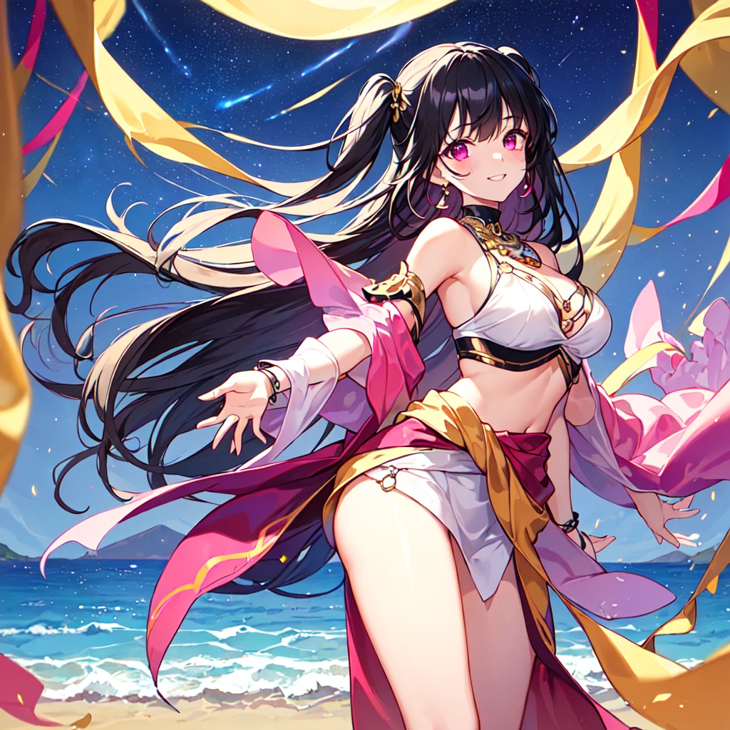masterpiece, best quality, high quality, extremely detailed, very delicate and beautiful, (1 female 18 years old solo:1.5), (long black hair up to waist with two side up:1.5), bangs to eyebrows, eyes Eyebrows are glossy, (eye color: magenta:1.3), 6.5 head height, (Arabian gorgeous summer fashion:1.3), Arabian earrings, Arabian necklace, (smiling), (standing), (dynamic pose), (background Arabian Sea:1.3), (Milky Way Night Sky:1.3)