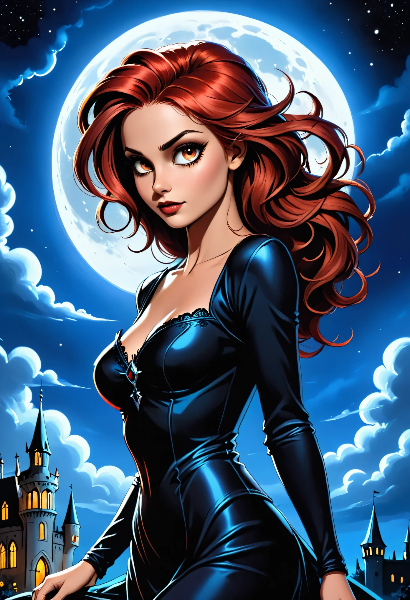 a woman with a compelling and dramatic look, her striking red hair vibrant against the night sky. She wears a fitted black gown with a low neckline and decorative details that suggest a blend of gothic and elegance. Her pose and expression convey a sense of poise and self-assurance. The full moon looming large behind her adds a mystical or supernatural quality to the image, complementing the shadowy, gothic-style castle in the distance. The juxtaposition of her warm hair color against the cool moonlight creates a dynamic contrast, enhancing the overall mood of the scene. 16k resolution, oil on canvas, fine art, super dramatic light, sharp focus, grain, sinister