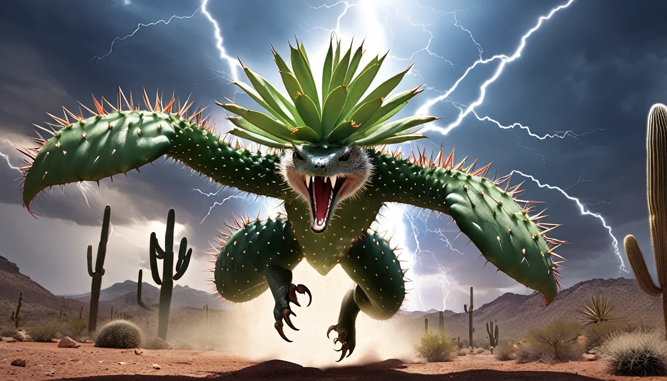 Realistic photos, RAW Photos, cactus tender, attacks viewer, Powerful movements, jump on prey, ((Dynamic jump)), Sharp Claws, cactus tender approaching from above, sudden approach, Bad-tempered, dynamic Shot from grand, lightning magic