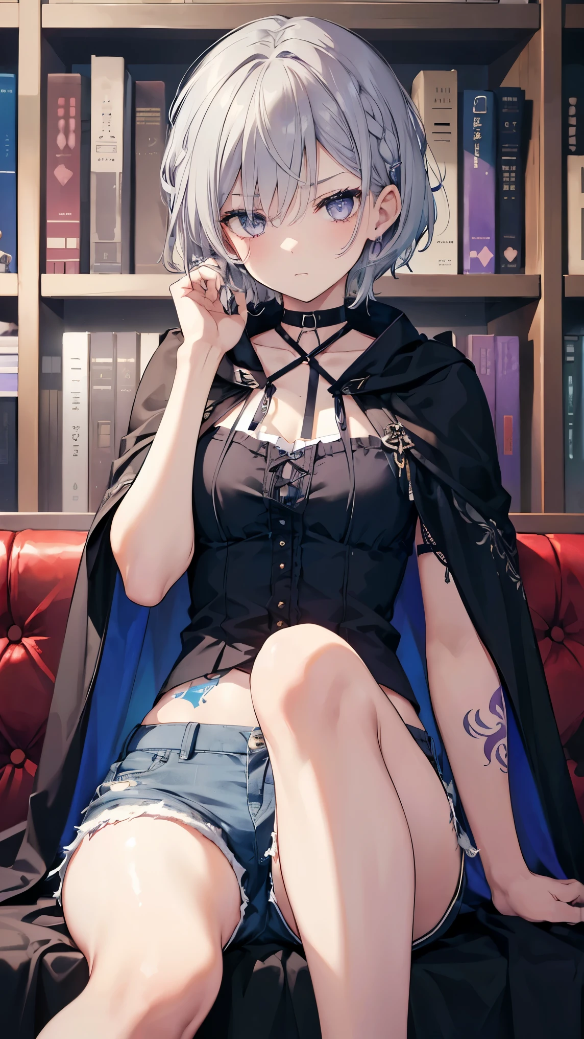 High resolution,high resolution,Girl,(Braiding,Gray Hair,Short Hair,Blue accent color),Purple Eyes,Slanted Eyes,Bad mood,boyish,slender,,sit,Tattoo,library,Shorts,blouse,choker,Cape,