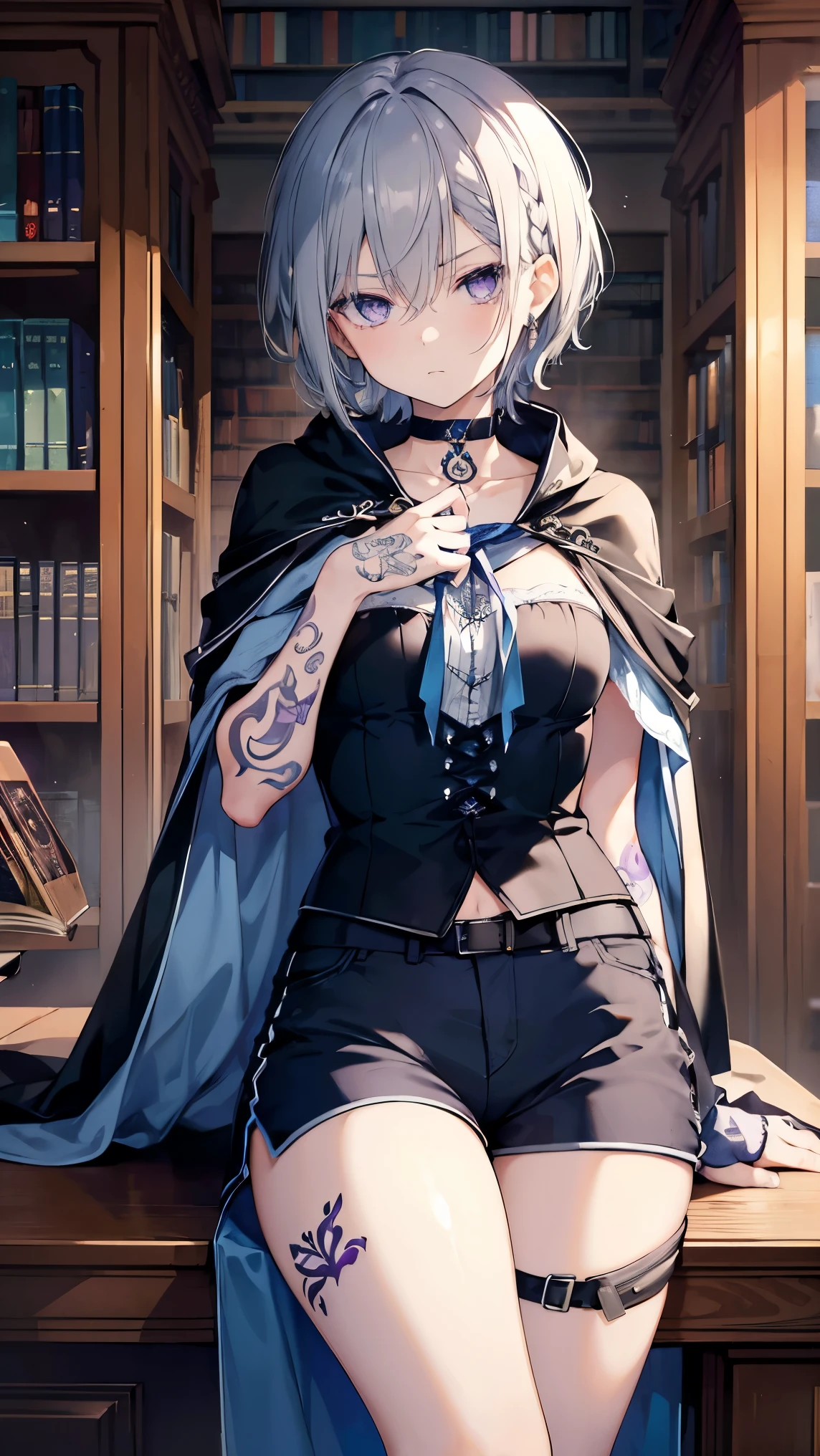 High resolution,high resolution,Girl,(Braiding,Gray Hair,Short Hair,Blue accent color),Purple Eyes,Slanted Eyes,Bad mood,boyish,slender,,sit,Tattoo,library,Shorts,blouse,choker,Cape,