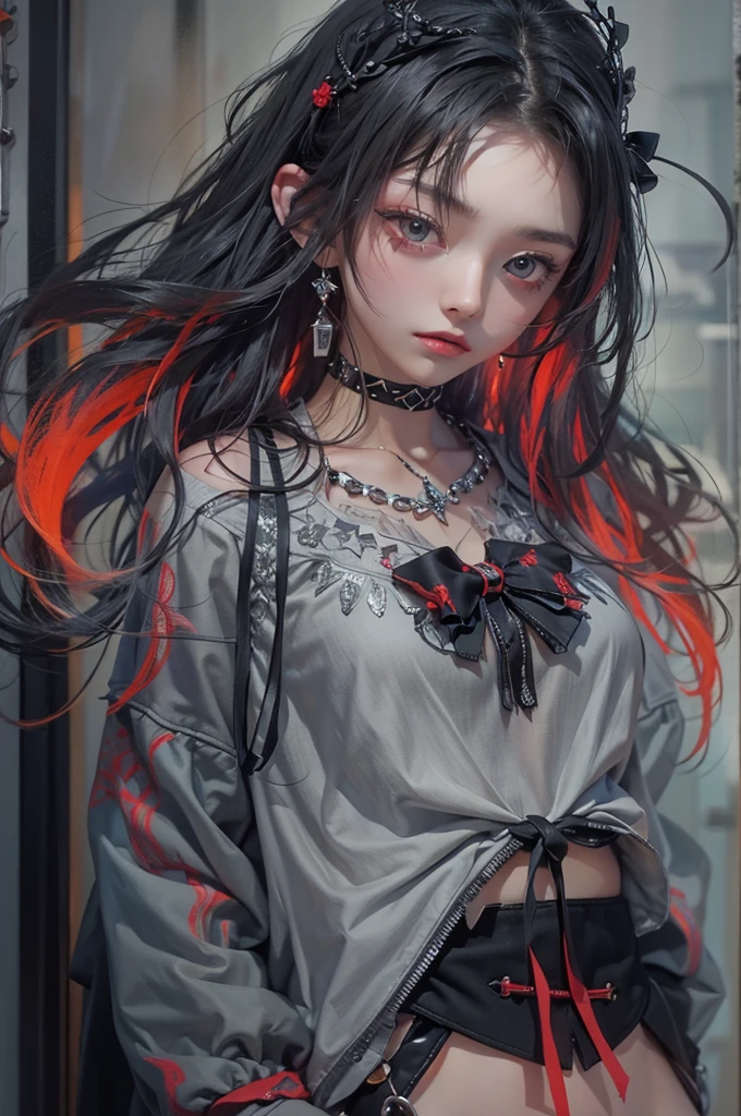 Highest quality、、masterpiece:1.3、Gothic Punk、red inside、Gray Black Hair、hair ornaments、beautiful girl、creative、Punk Shirt、Neogoth、Goth Fashion:1.2、High resolution、masterpiece、Highest quality、頭w:1.3、((Hasselblad Photos))、Fine skin、Sharp focus、(Cinema Lighting)、Explore Tokyo'The city at night beyond the neon lights, Forehead open, 、Petting'Hair back、Shoulder Bare、Small red rose tattoo on the décolletage、Just one tattoo