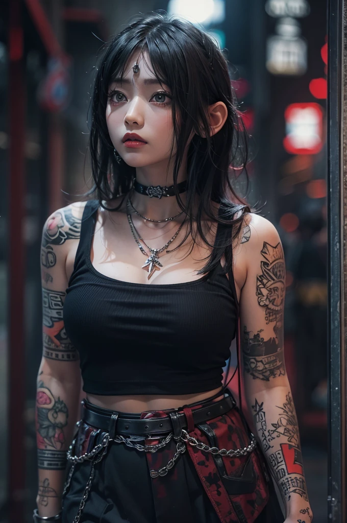 Highest quality、、masterpiece:1.3、Gothic Punk、red inside、Gray Black Hair、hair ornaments、beautiful girl、creative、Punk Shirt、Neogoth、Goth Fashion:1.2、High resolution、masterpiece、Highest quality、頭w:1.3、((Hasselblad Photos))、Fine skin、Sharp focus、(Cinema Lighting)、Explore Tokyo'The city at night beyond the neon lights, Forehead open, 17 years old、Petting'Hair back、Shoulder Bare、Small red rose tattoo on the décolletage、Just one tattoo