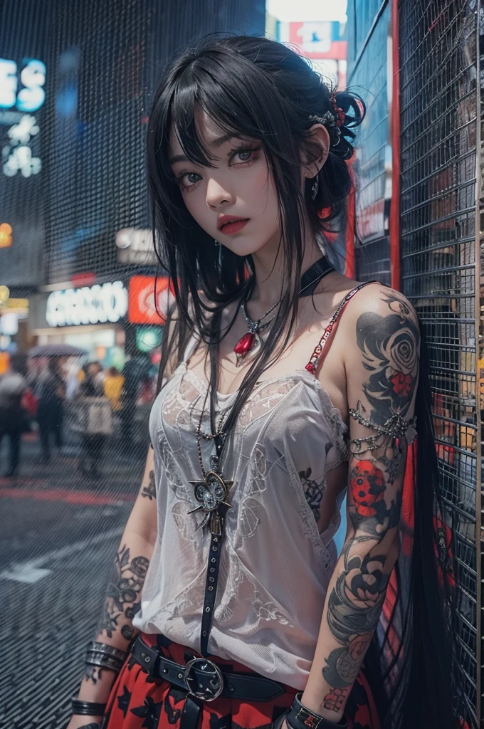 Highest quality、、masterpiece：1.3、Gothic Punk、red inside、Gray Black Hair、hair ornaments、beautiful girl、creative、Punk Shirt、Neogoth、Goth Fashion：1.2、High resolution、masterpiece、Highest quality、頭w:1.3、((Hasselblad Photos))、Fine skin、Sharp focus、(Cinema Lighting)、Explore Tokyo&#39;The city at night beyond the neon lights, Forehead open, 17 years old、Petting&#39;Hair back、Shoulder Bare、Small red rose tattoo on the décolletage、Just one tattoo