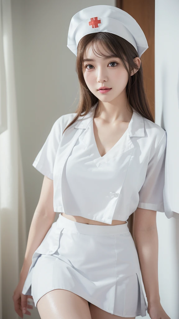innocent 25 year old girl,giant :1.2,cleavage of breasts:1.2、(panty shot:1.3) (white nurse uniform:1.5),( White short skirt:1.5),(White nurse hat:1.5),(white nurse pumps:1.5), Angle:1.2、The background is a hospital room.、laugh,shortcut、RAW photos, (8k、top quality、masterpiece:1.2)、(intricate details:1.4)、(realistic:1.4)、octane rendering、Complex 3D Rendering Ultra Detailed, studio soft light, rim lights, vivid details, super detailing, realistic skin texture, detail face, Beautiful eye for detail, Highly detailed CG Unity 16k wallpaper, assembly, (detailed background:1.2), glowing skin, whole body