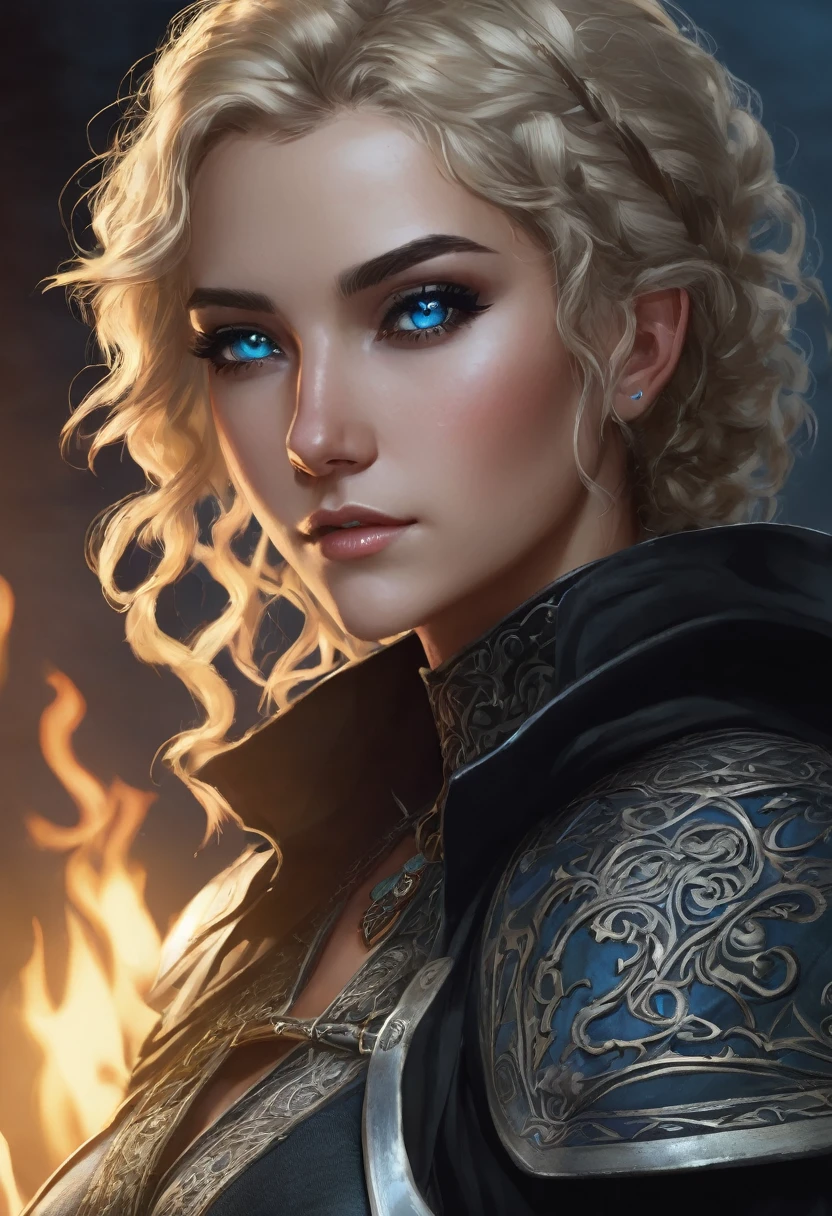 Necromancer Ranger Female, short curly hair blonde with highlights, medieval times, blue-grey eyes ,dark background. Black clothes with little daughter