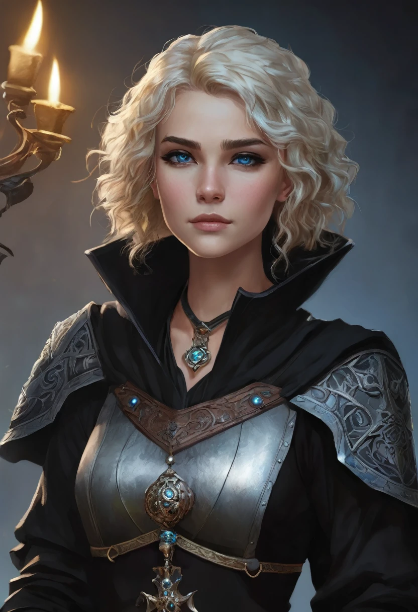 Necromancer Ranger Female, short curly hair blonde with highlights, medieval times, blue-grey eyes ,dark background. Black clothes with daughter