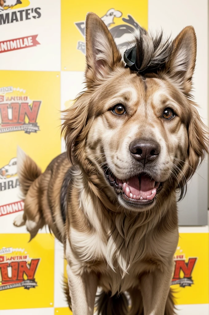 make a realistic caricature of this dog with incredible details, ultra realistic textured, richly detailed texture details, detailed and realistic texture, Happy dog, Grinning, incredible coat details and charming smile.