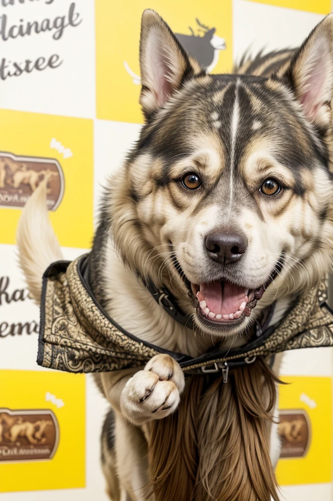 make a realistic caricature of this dog with incredible details, ultra realistic textured, richly detailed texture details, detailed and realistic texture, Happy dog, Grinning, incredible coat details and charming smile.
