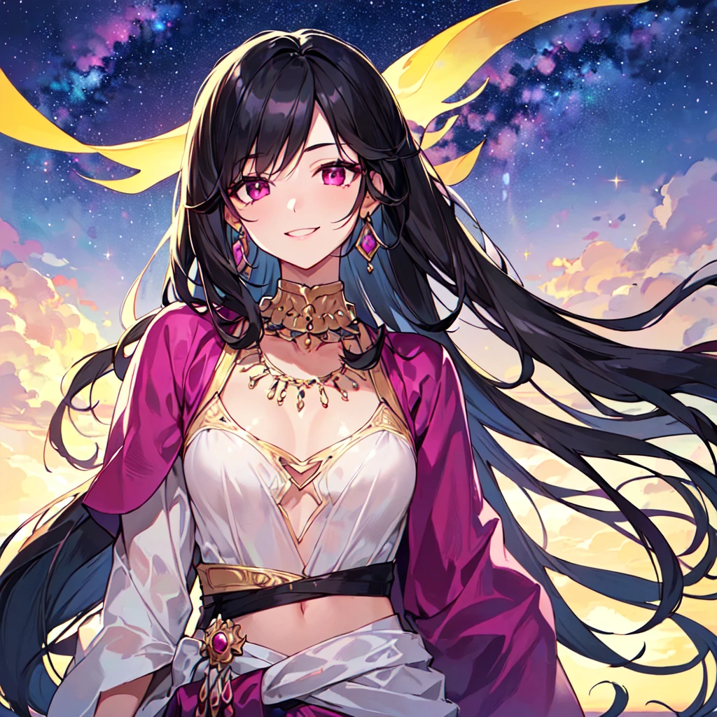 masterpiece, best quality, high quality, extremely detailed, very delicate and beautiful, (1 female 18 years old solo:1.5), (long black hair up to waist with two side up:1.5), bangs to eyebrows, eyes Eyebrows are glossy, (eye color: magenta:1.3), 6.5 head height, (Arabian gorgeous summer fashion:1.3), Arabian earrings, Arabian necklace, (smiling), (standing), (dynamic pose), (background Arabian Sea:1.3), (Milky Way Night Sky:1.3), (upper body:1.3)